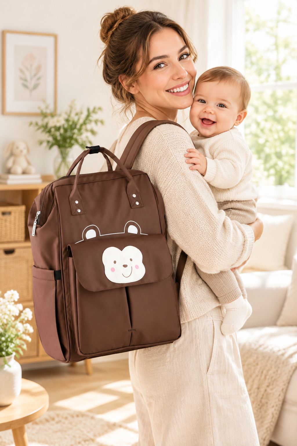 maman souriante avec son bebe a la maison
