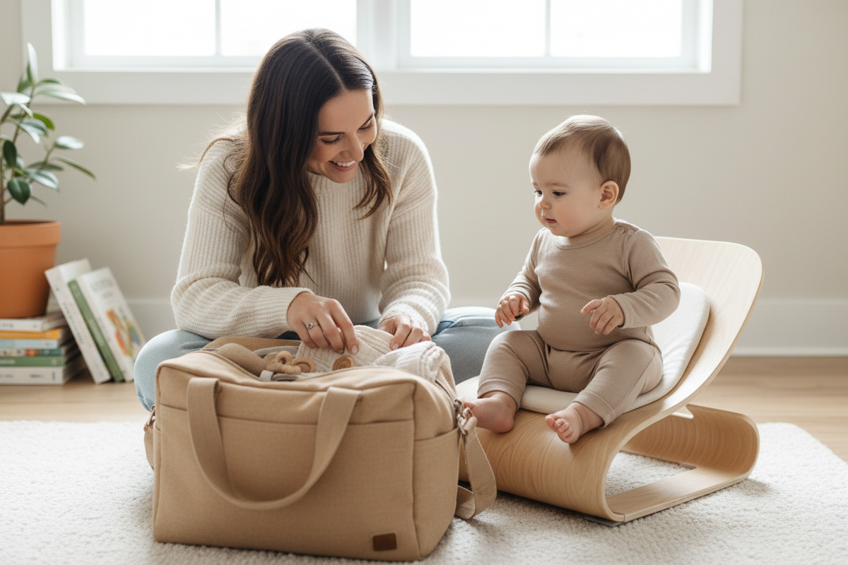 Maman souriante préparant un sac à langer beige avec son bébé