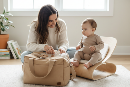 Maman souriante préparant un sac à langer beige avec son bébé