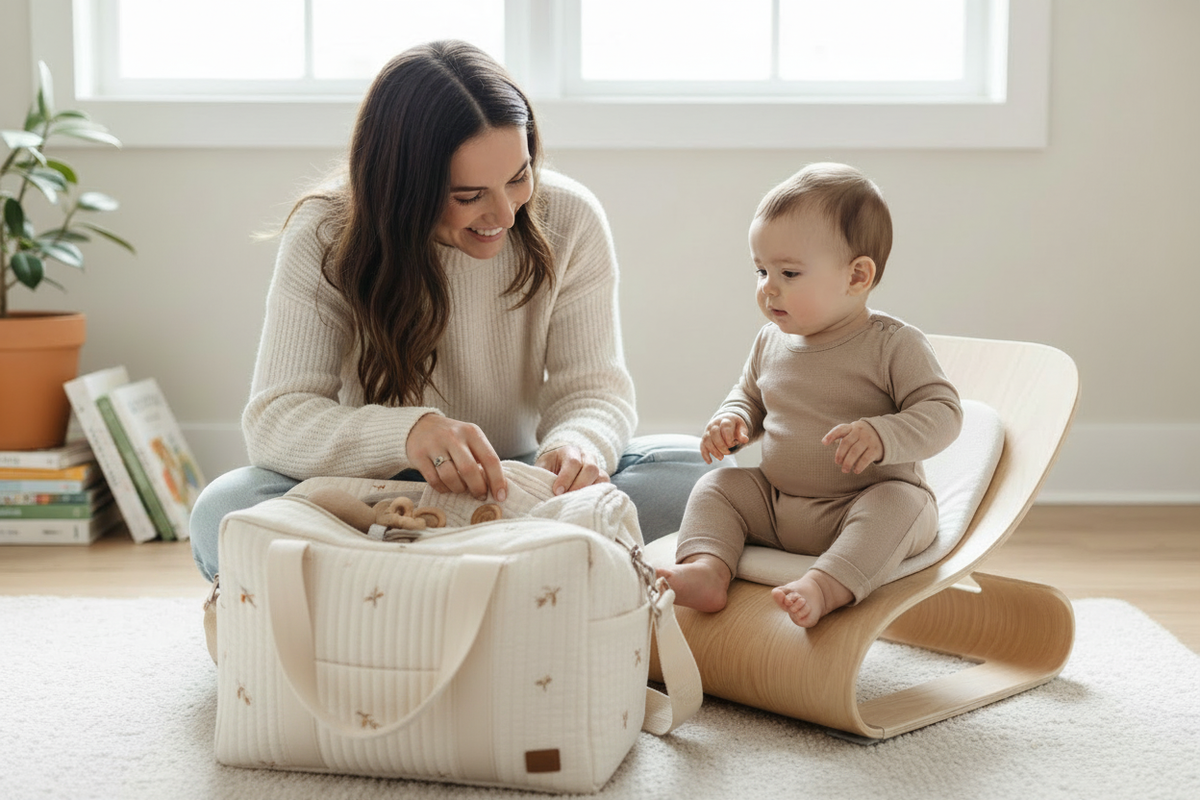 Photo lifestyle avec le sac à langer crème neige